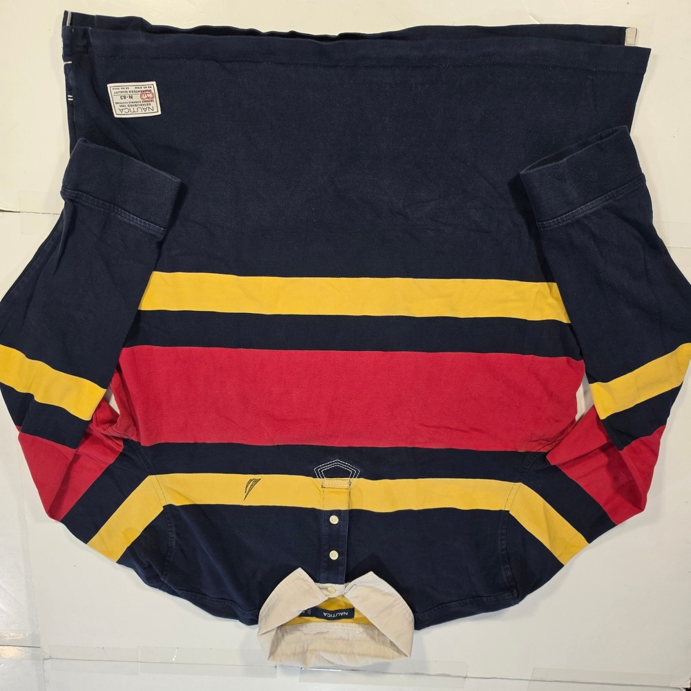 Nautica Mens XL Long Sleeve Rugby Shirt Navy Blue Red Yellow Striped Cotton